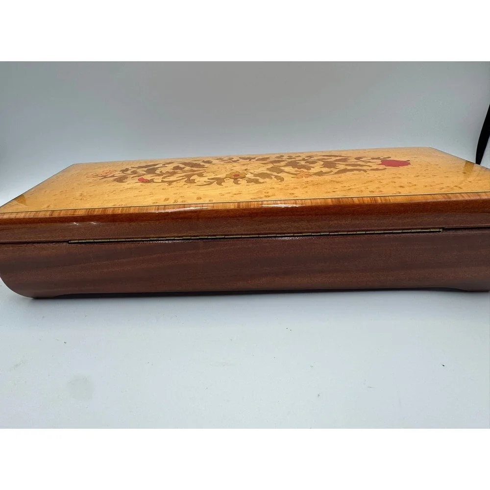 Vintage Italian Marquetry Wood‎ Jewelry Music Box Floral Inlay Swiss Movement